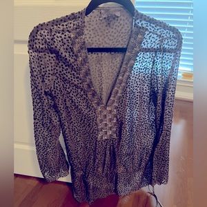 Hale Bob Sheer Boho Brown Black Gold Beaded Velvet Polka Dot top Size S Small